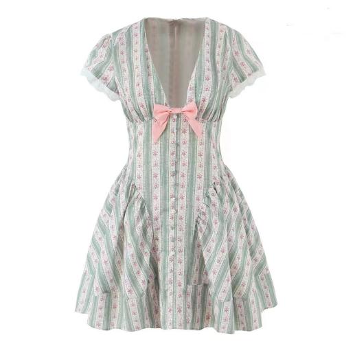 Floral dress with a visible hollow neckline and natural skirt volume
