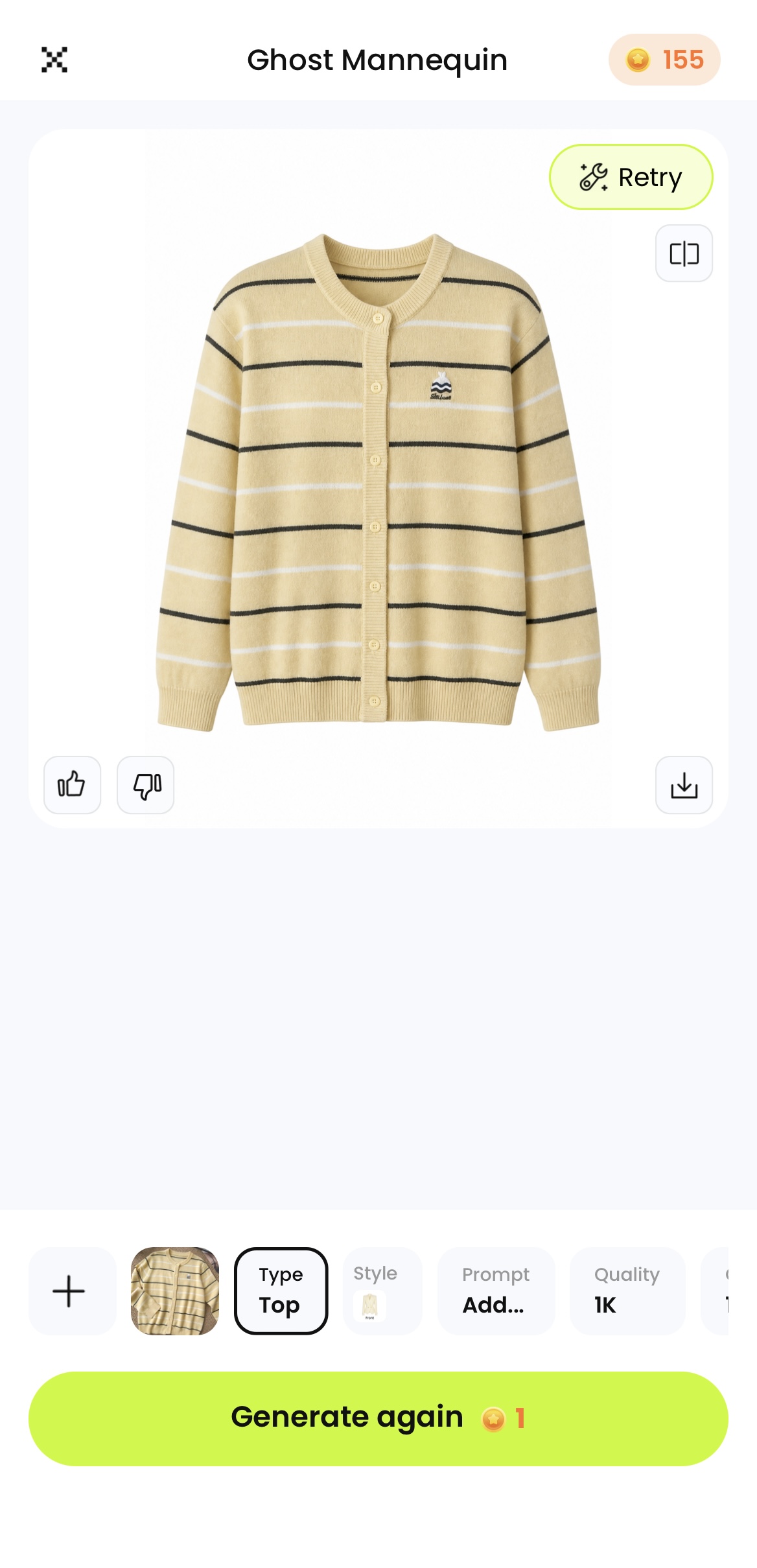 Generated yellow cardigan displayed in the Snappyit Ghost Mannequin mobile workspace