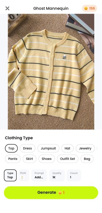 Snappyit mobile settings screen showing an uploaded cardigan and clothing type choices