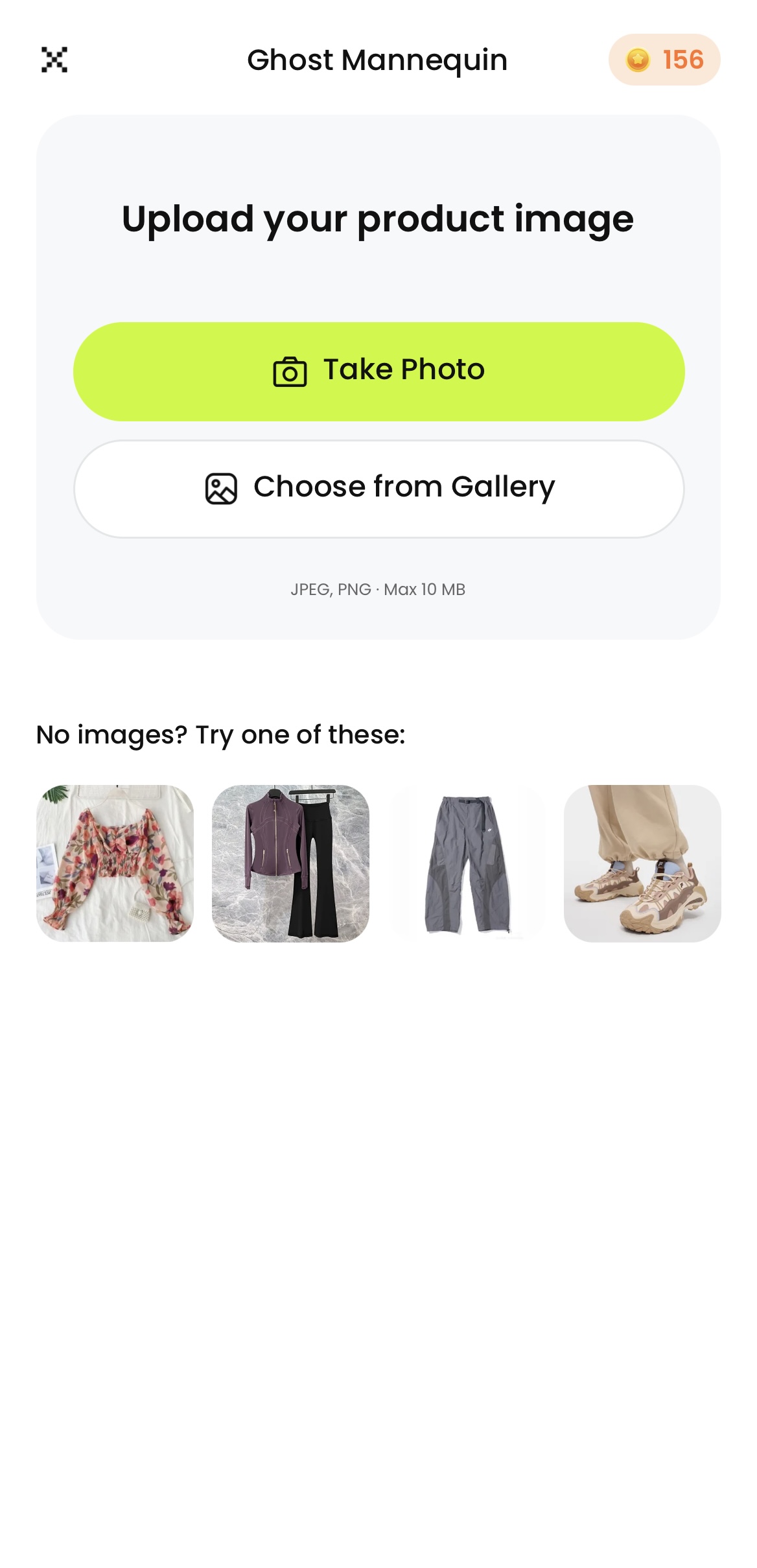 Snappyit Ghost Mannequin mobile upload screen with Take Photo and Choose from Gallery buttons