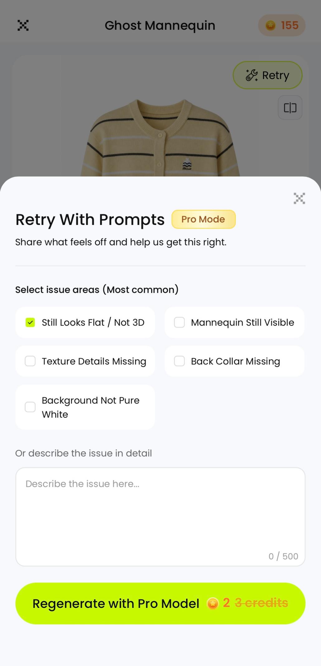 Snappyit Retry With Prompts panel showing selectable ghost mannequin issue areas and a custom instruction field