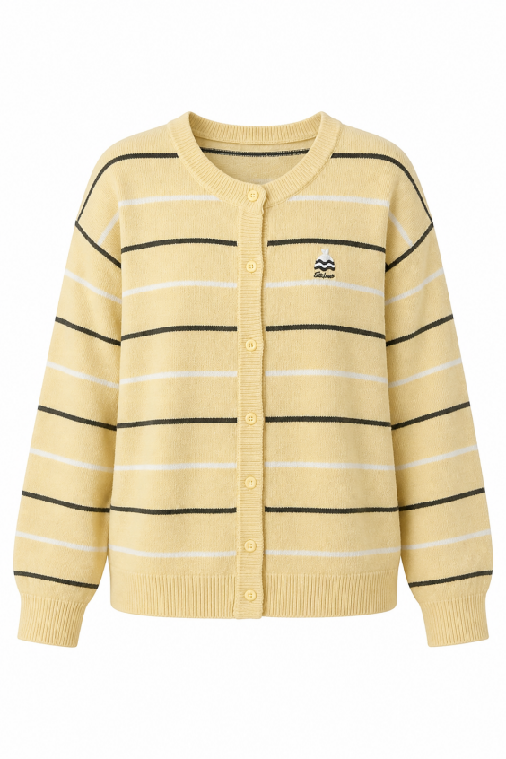 Front ghost mannequin view of a yellow striped cardigan