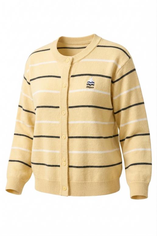 Angled ghost mannequin view of a yellow striped cardigan