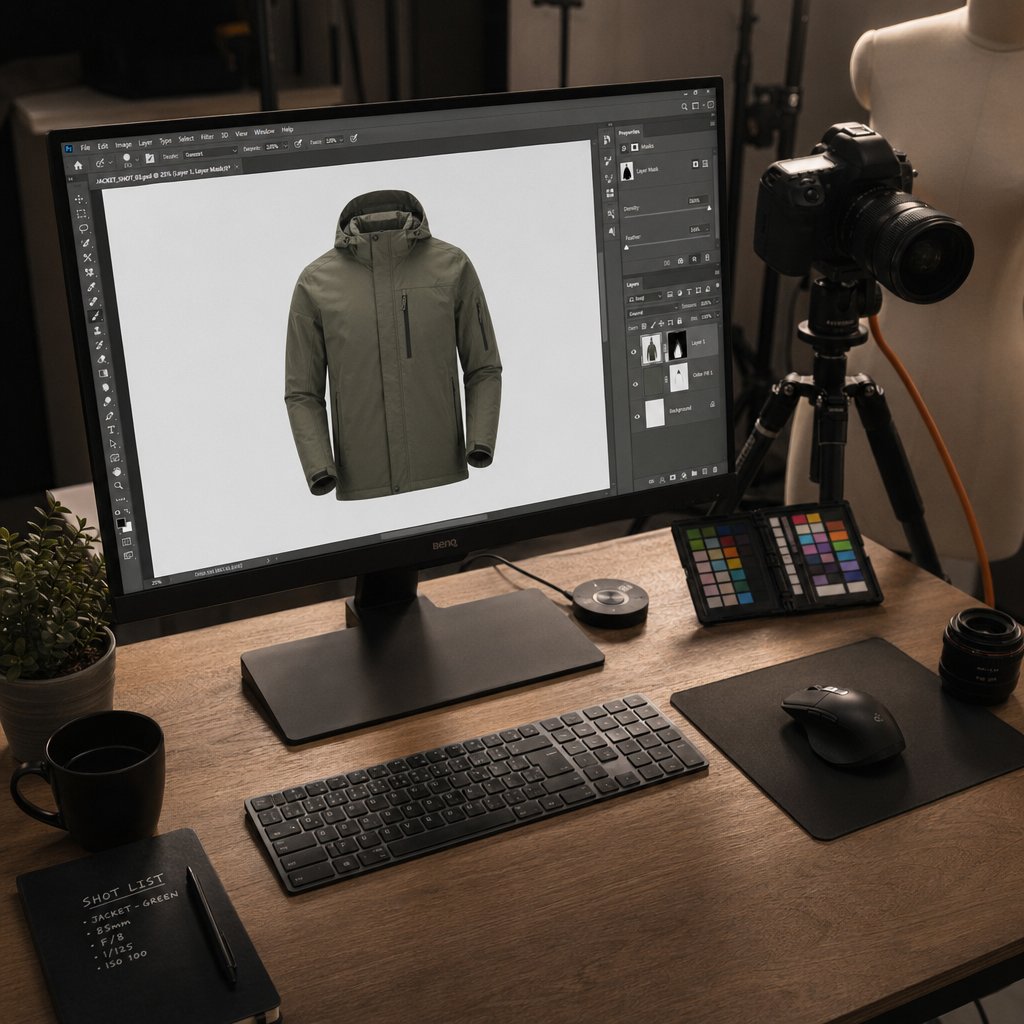 a photo editing workspace showing the ghost mannequin compositing process in action