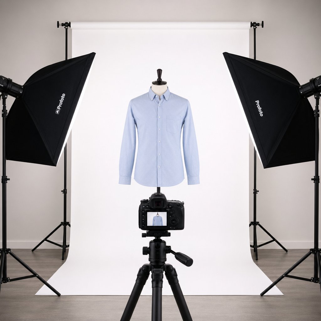 professional studio lighting setup for ghost mannequin photography with softboxes and white backdrop
