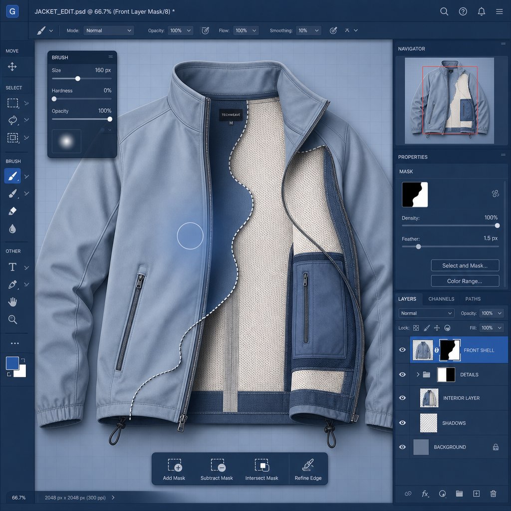 the ghost mannequin editing workflow layers interior shots behind masked outer garment images to create seamless composites