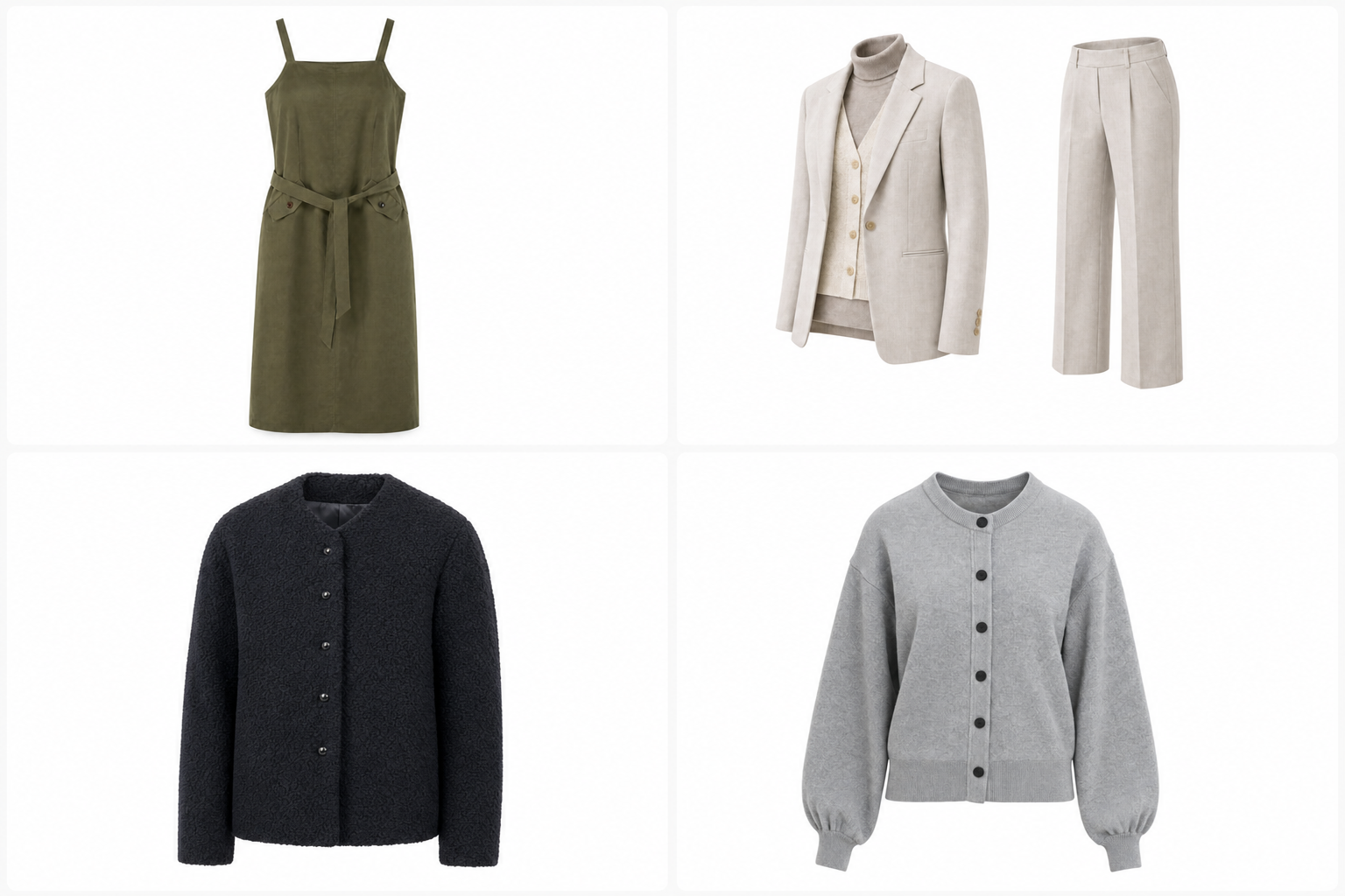 Four reviewed ghost mannequin results across different garment silhouettes