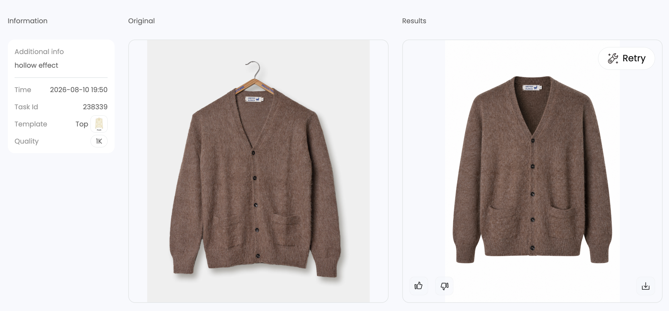 Matched cardigan hanger input and AI ghost mannequin result