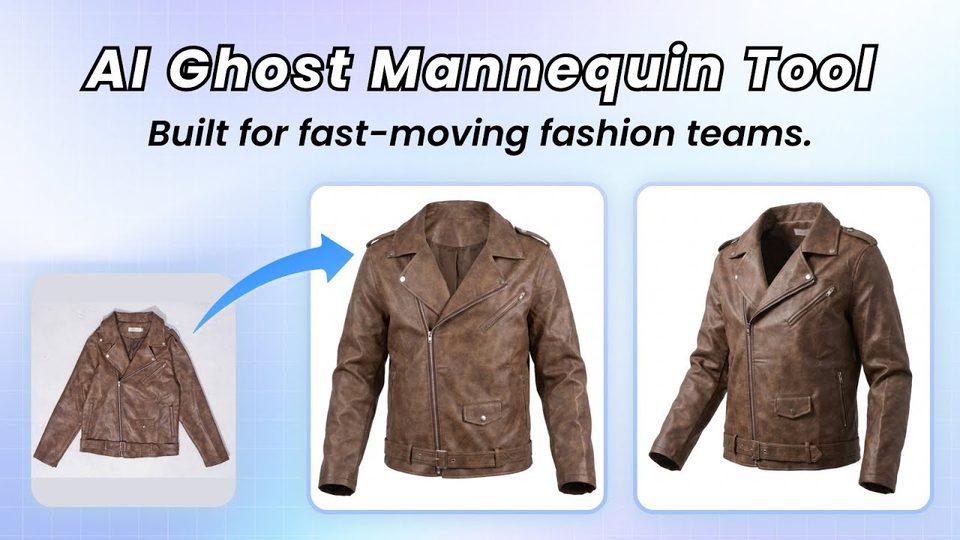 Flat lay of a brown leather biker jacket turned into a ghost mannequin composite