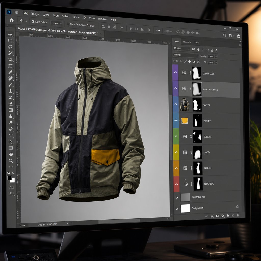 Ghost mannequin compositing workflow — layer masks blend exterior and interior garment shots into one seamless three-dimensional product image