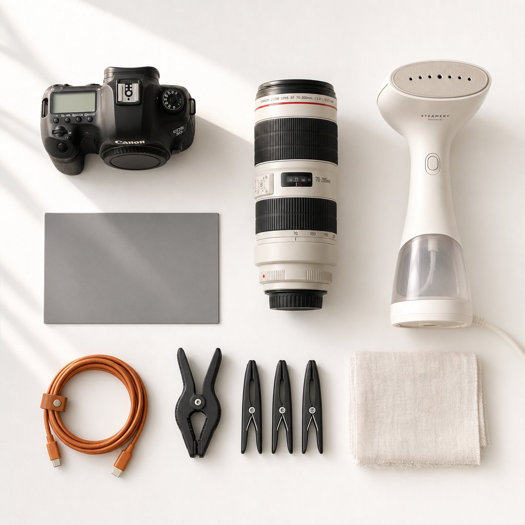 Essential equipment for ghost mannequin photography — manual mode camera, 85-105mm telephoto lens, two softboxes, faceless mannequin with detachable sections, and styling tools