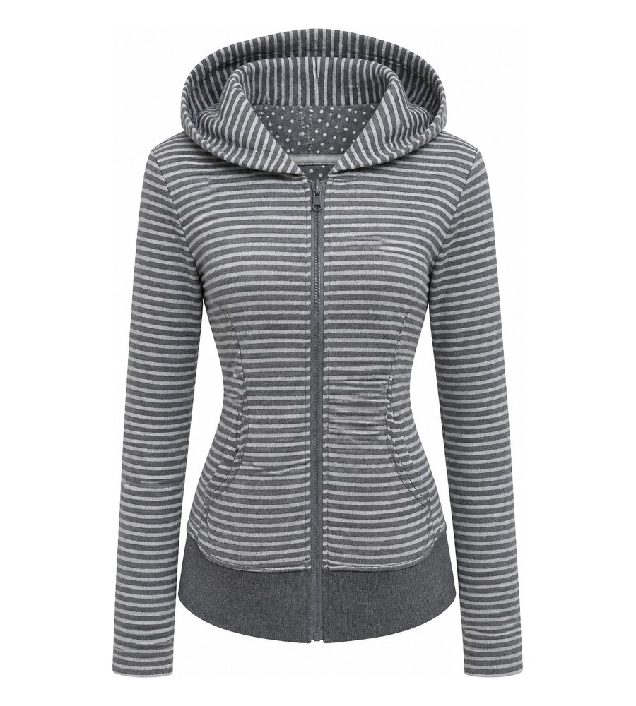 Ghost mannequin composite of the striped hoodie with stripes aligned and hood lining intact
