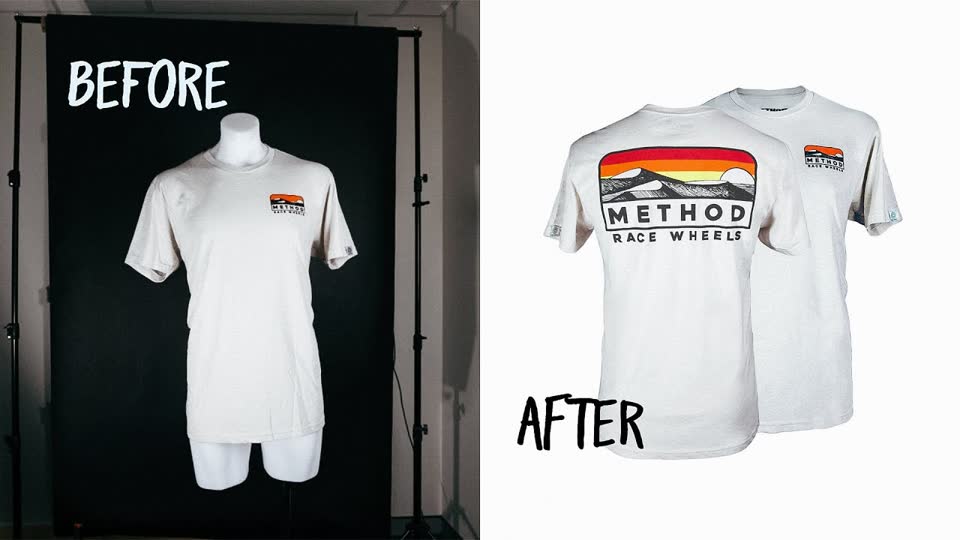 Before and after of a t-shirt shot on a mannequin and finished as a ghost mannequin composite