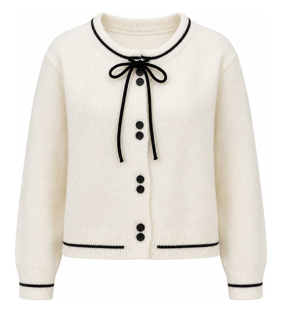 Ghost mannequin composite of the white cardigan with black ties and trim preserved