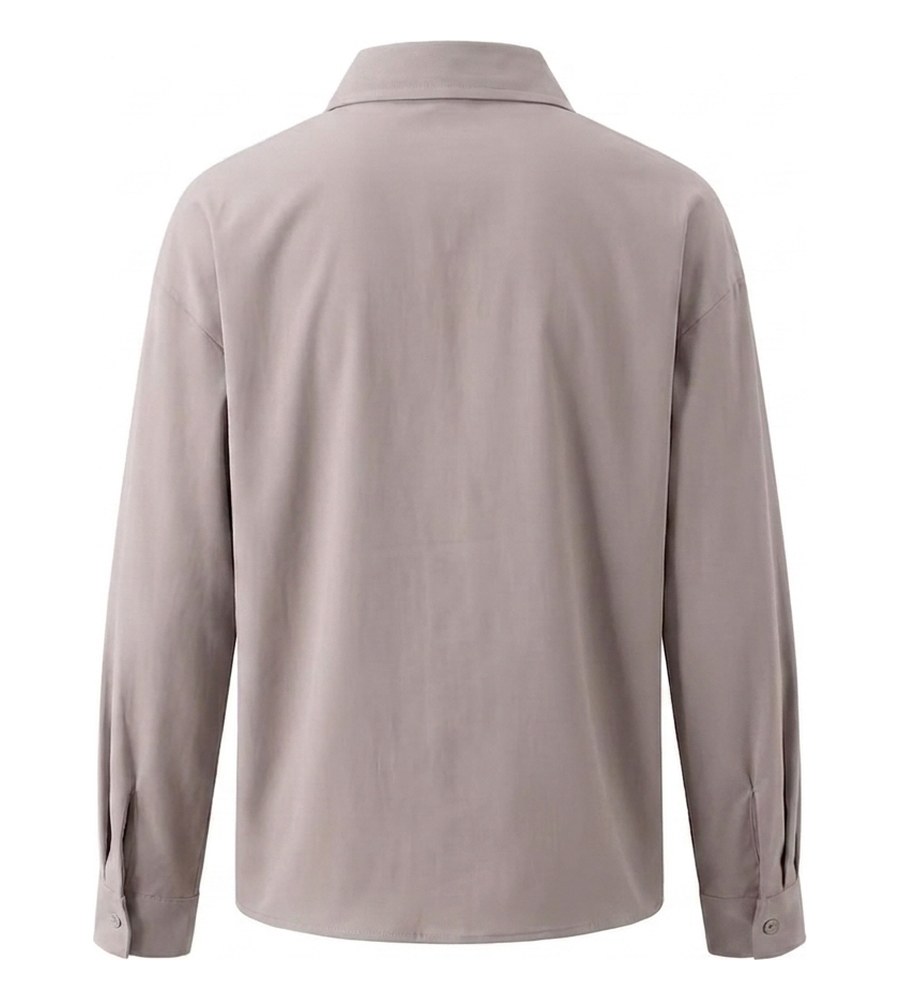 Ghost mannequin back view of the taupe shirt, yoke and cuff pleats visible