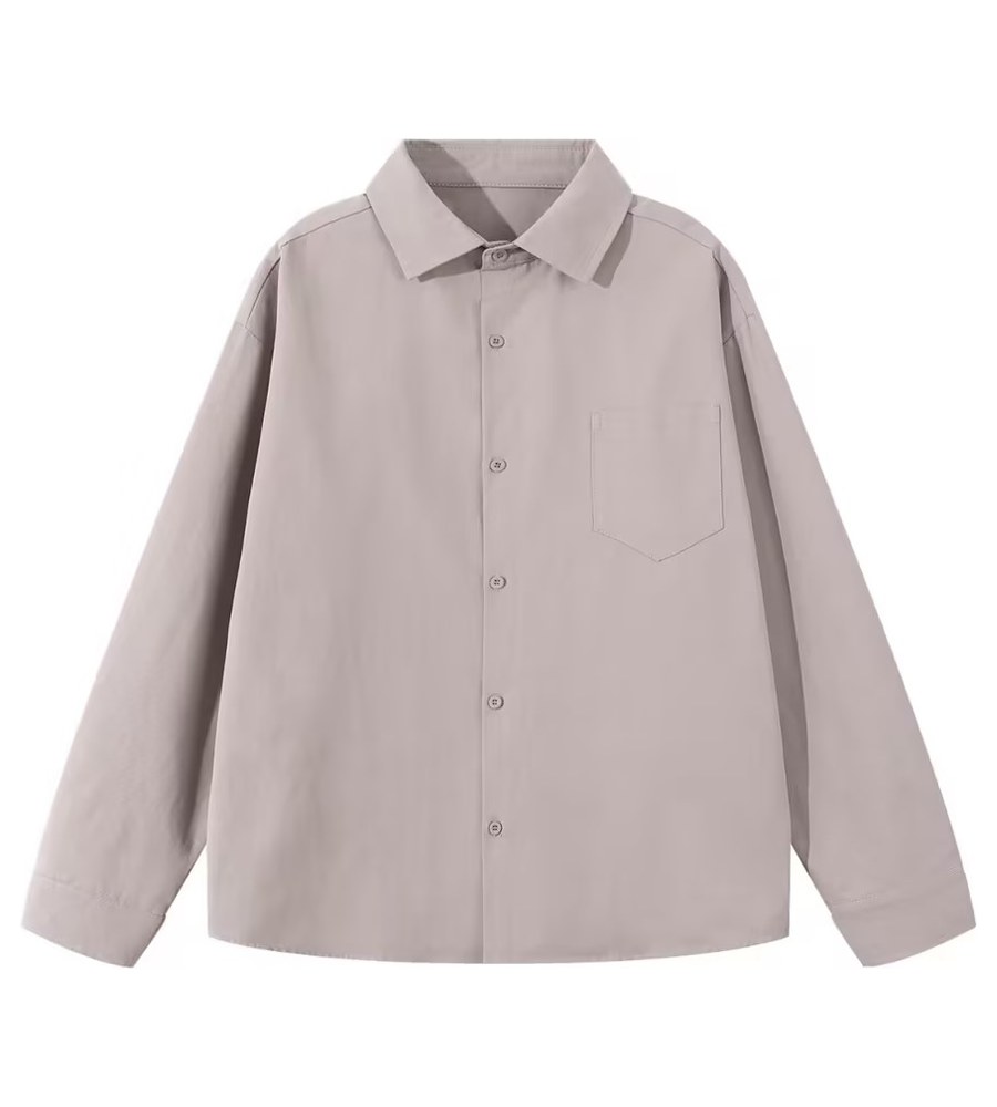 Taupe button-down shirt photographed flat on a white table, the source photo
