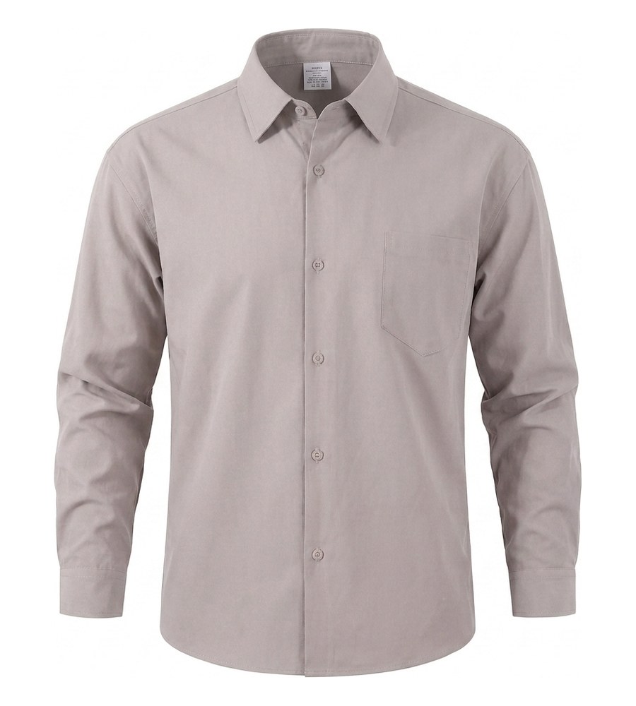 Finished ghost mannequin front view of the taupe shirt, collar open and sleeves filled