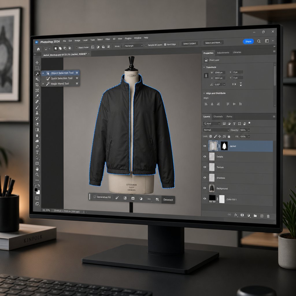 Photoshop AI selection tools generating an automatic mask around a garment