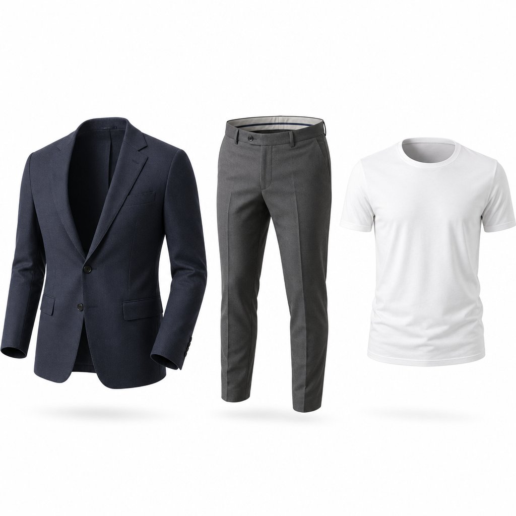 Different ghost mannequin joint types shown across blazer, trousers, and t-shirt
