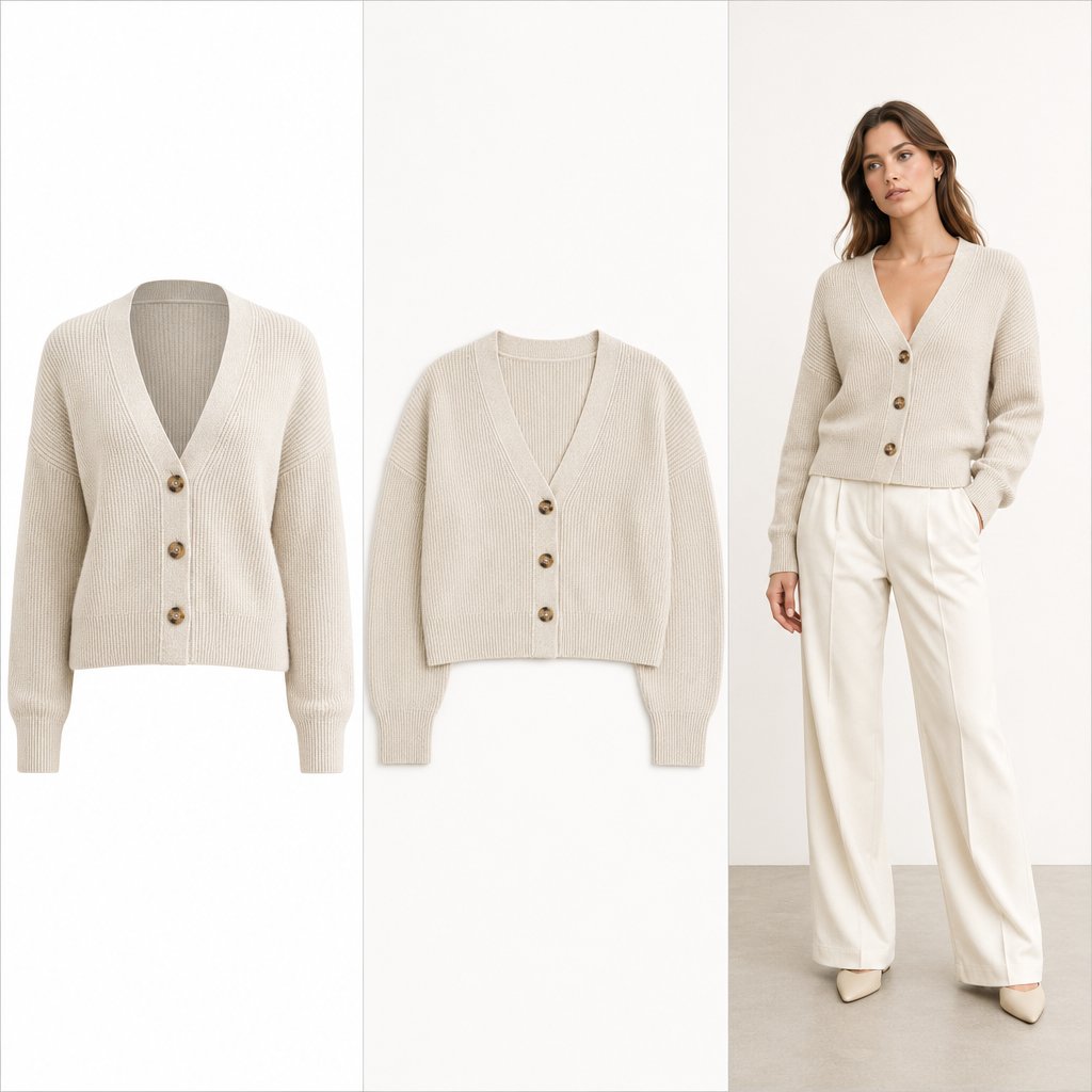 Visual comparison of ghost mannequin, flat lay, and on-model photography for the same garment