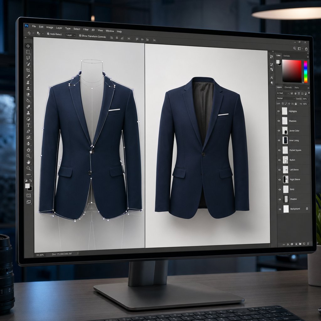 The post-production compositing process showing mannequin removal and layer masking to create the final hollow-body image