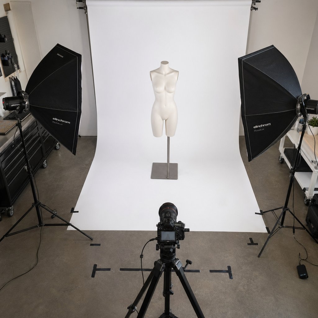 A complete ghost mannequin studio setup with detachable-limb mannequin, dual softbox lighting, and tripod-mounted camera