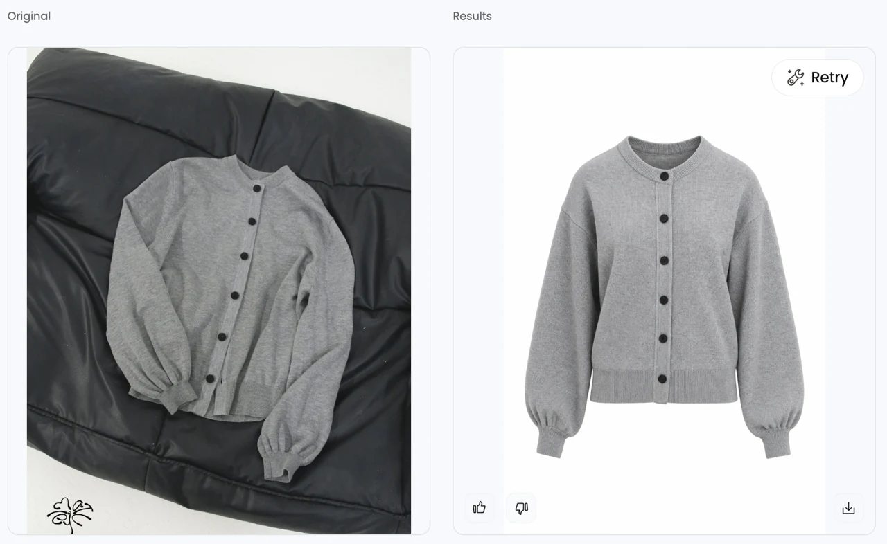 Original gray cardigan photo and generated clean product result shown in the Snappyit interface