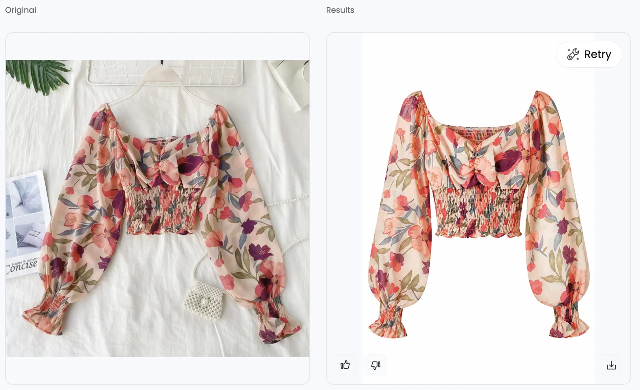 Original floral top and generated clean product result shown in the Snappyit interface