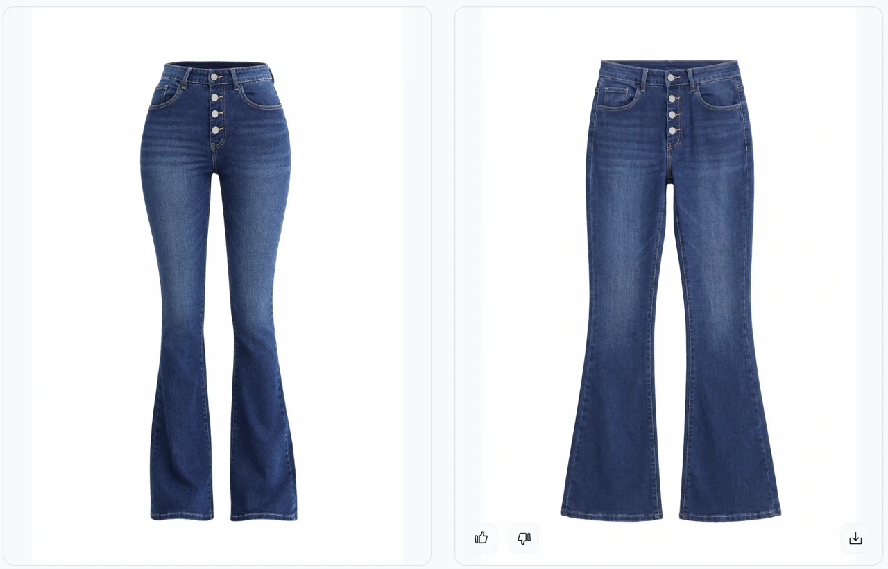 Flared jeans shown with ghost mannequin volume on the left and as a flat lay on the right