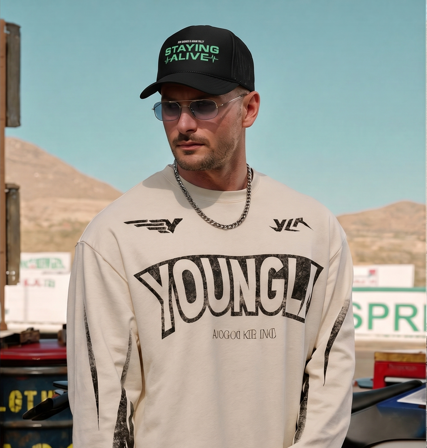 the same trucker cap rendered on an AI male model at a three-quarter angle, generated from the flat-lay with no photoshoot