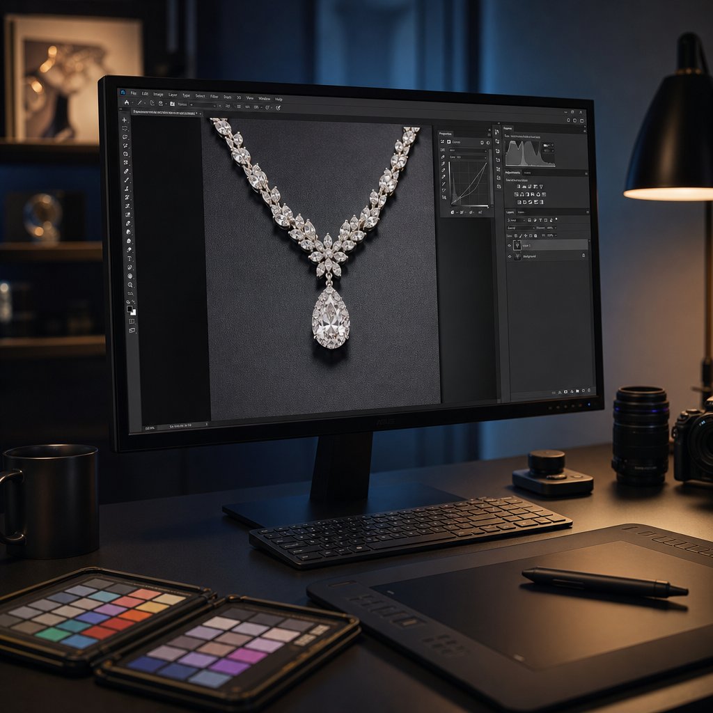 ai assisted tools handle routine jewelry retouching tasks efficiently while human expertise remains essential for material specific refinement