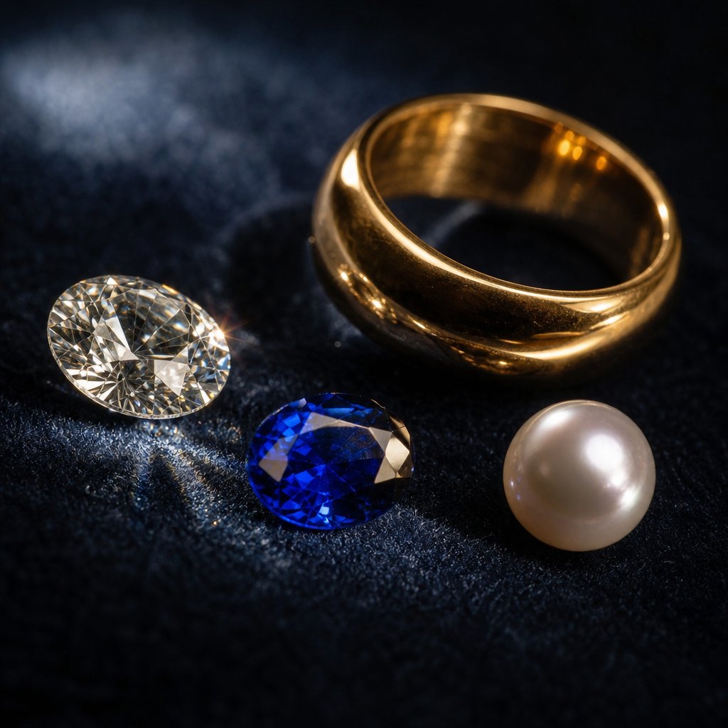 each precious material interacts with light differently requiring distinct retouching strategies for gold diamonds gemstones and pearls