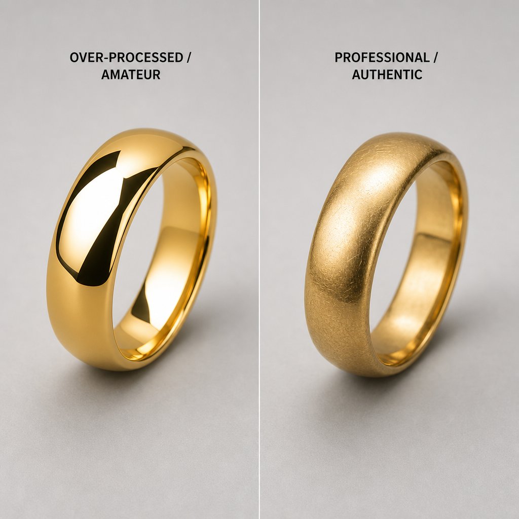 over smoothing metal texture is the most common retouching mistake that makes expensive jewelry look cheap and artificial