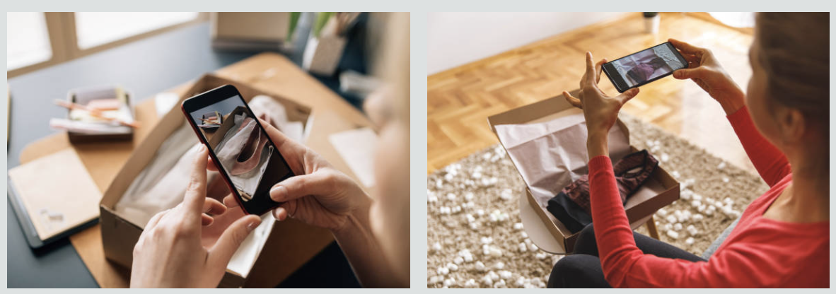 Reseller shooting flat-lay product photos with a phone — two scenes showing the no-studio iPhone-overhead workflow that this guide builds on