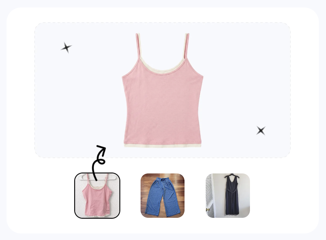 Snappyit AI Flat Lay interface — pink camisole regenerated from a single phone source photo, no physical studio required