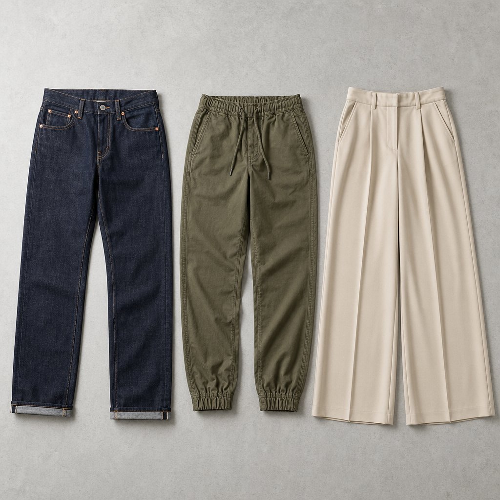 Different pant types require distinct flat-lay techniques based on their weight, structure, and silhouette