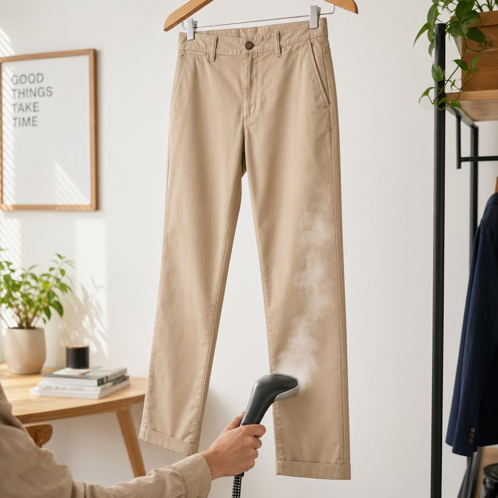 Steaming pants while hanging lets gravity pull fabric taut for faster wrinkle removal before the flat lay