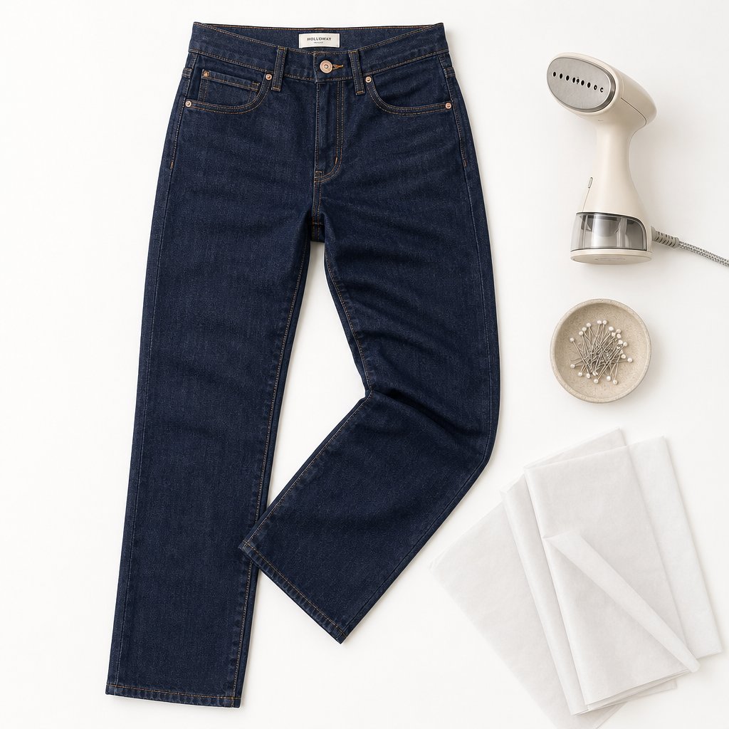 A professionally styled pants flat lay showing the natural silhouette achieved through proper smoothing and leg-positioning techniques