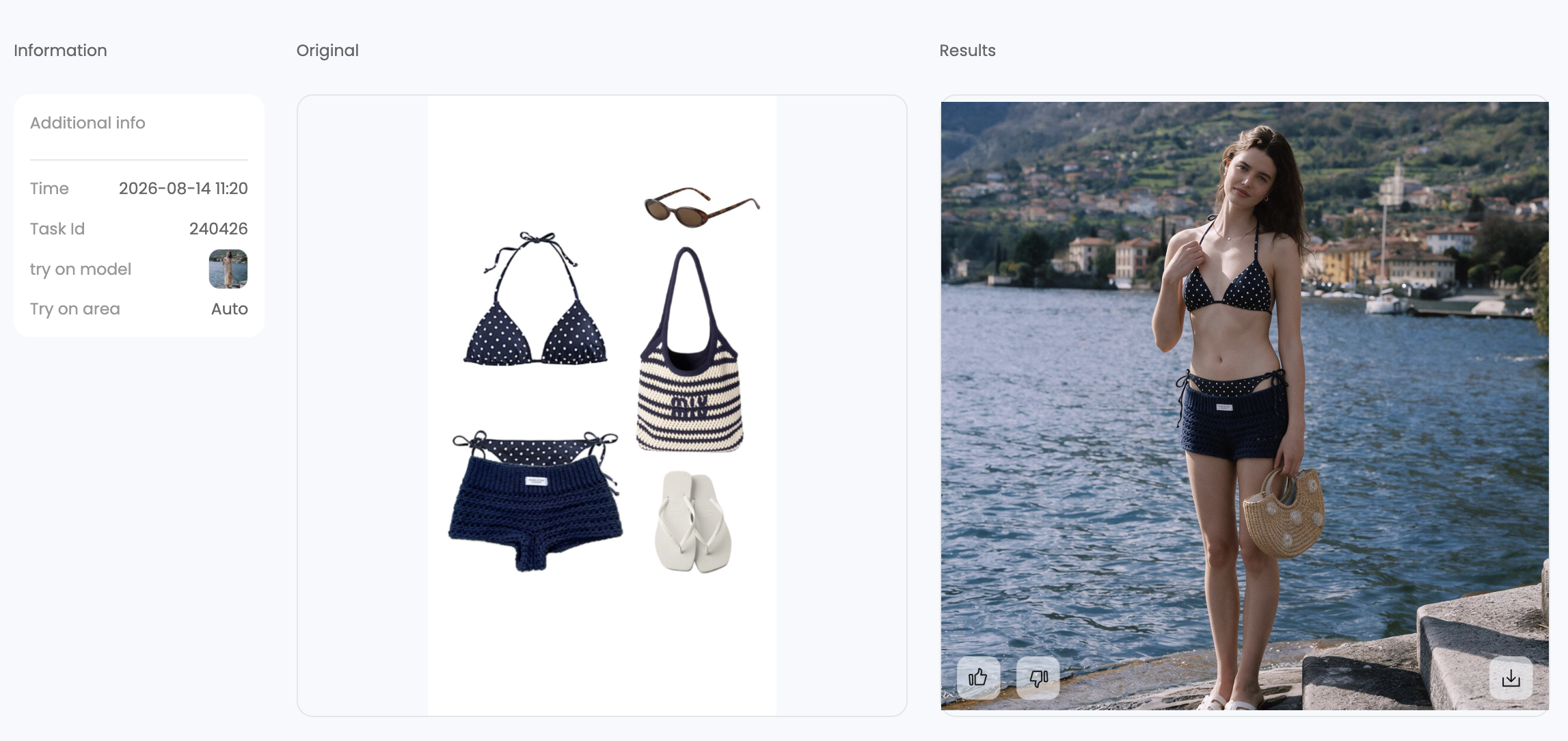 First AI outfit generator attempt with the bikini and crochet shorts present but the Pinterest accessories not fully transferred