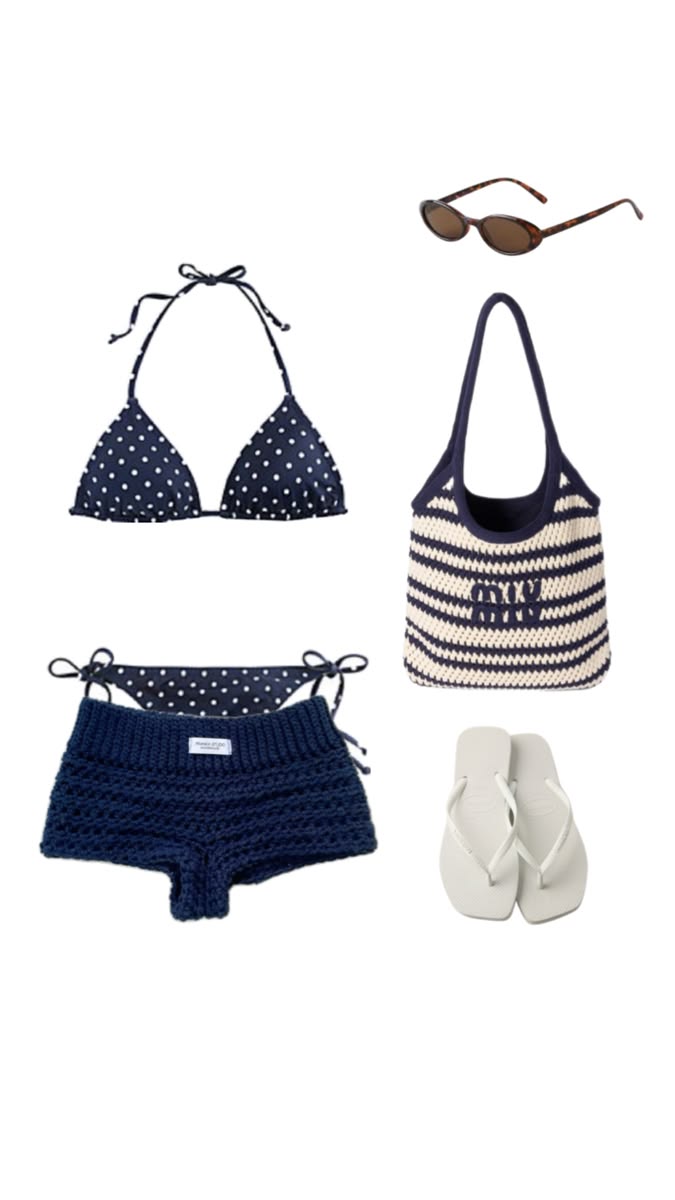 Pinterest beach outfit reference with a navy polka-dot bikini, crochet shorts, sunglasses, striped tote and white flip-flops
