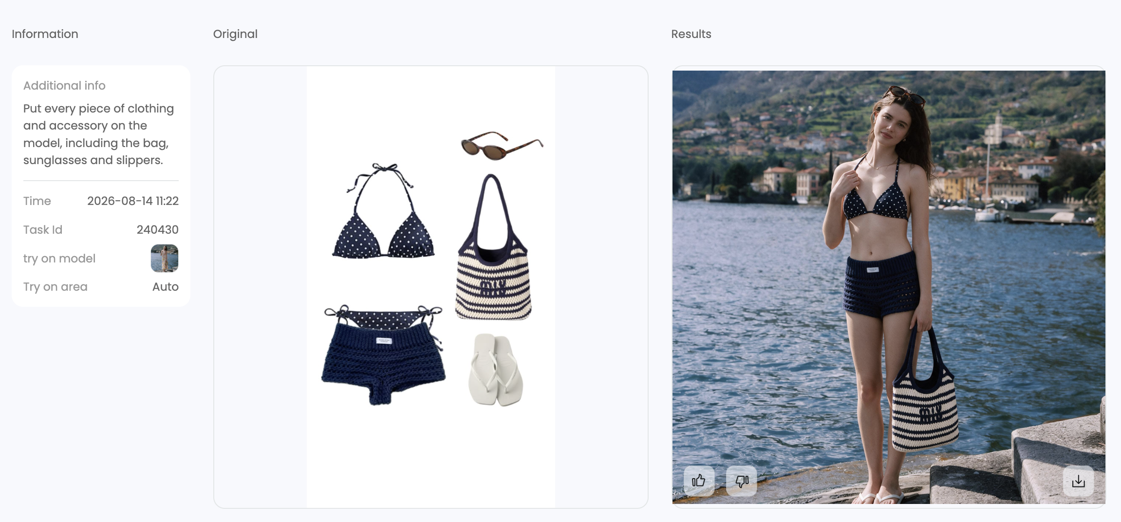 Second AI outfit generator workspace showing the follow-up prompt and improved result with the missing accessories