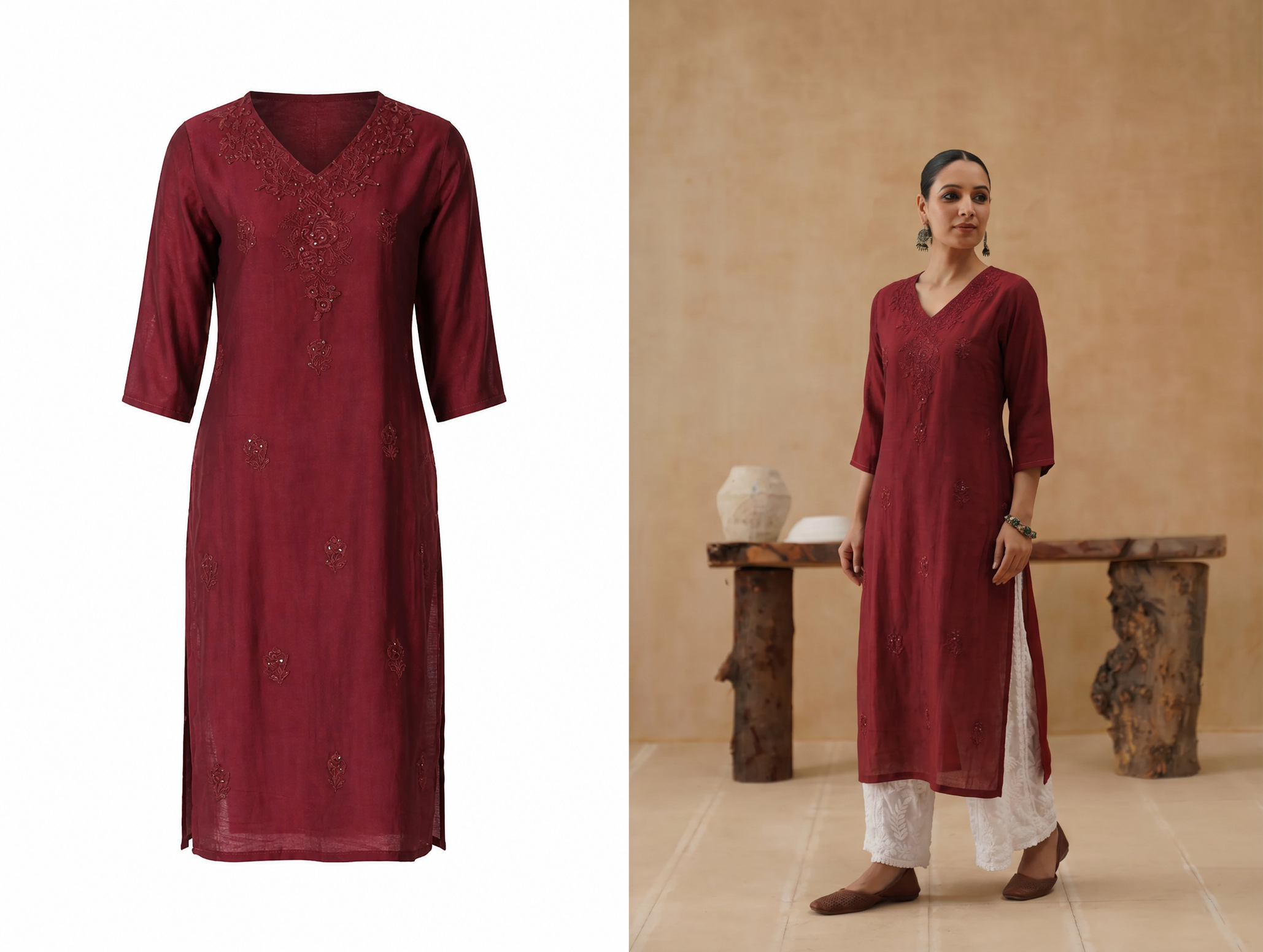 Red Indian apparel product photo and on-model catalog image for online selling