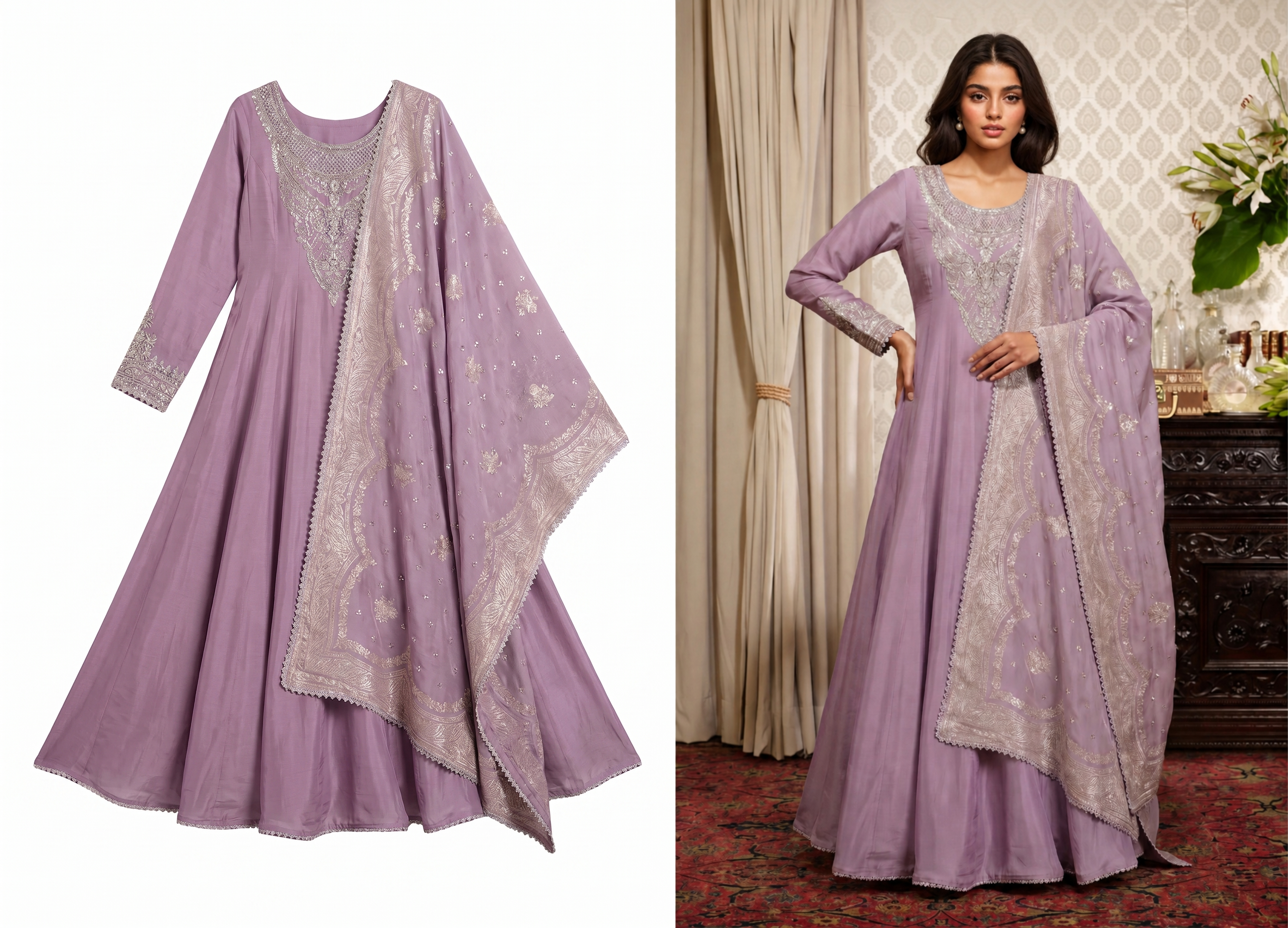 Purple Indian occasionwear product and model drape reference