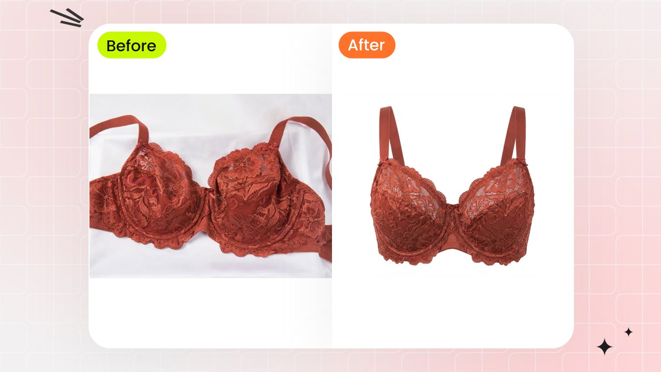 A lace bra shown flat and as a hollow invisible-mannequin product image