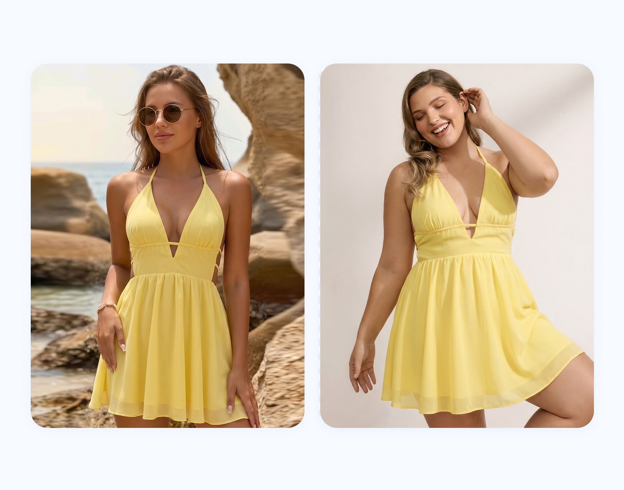 The same dress shown on two body types, straight size and plus size