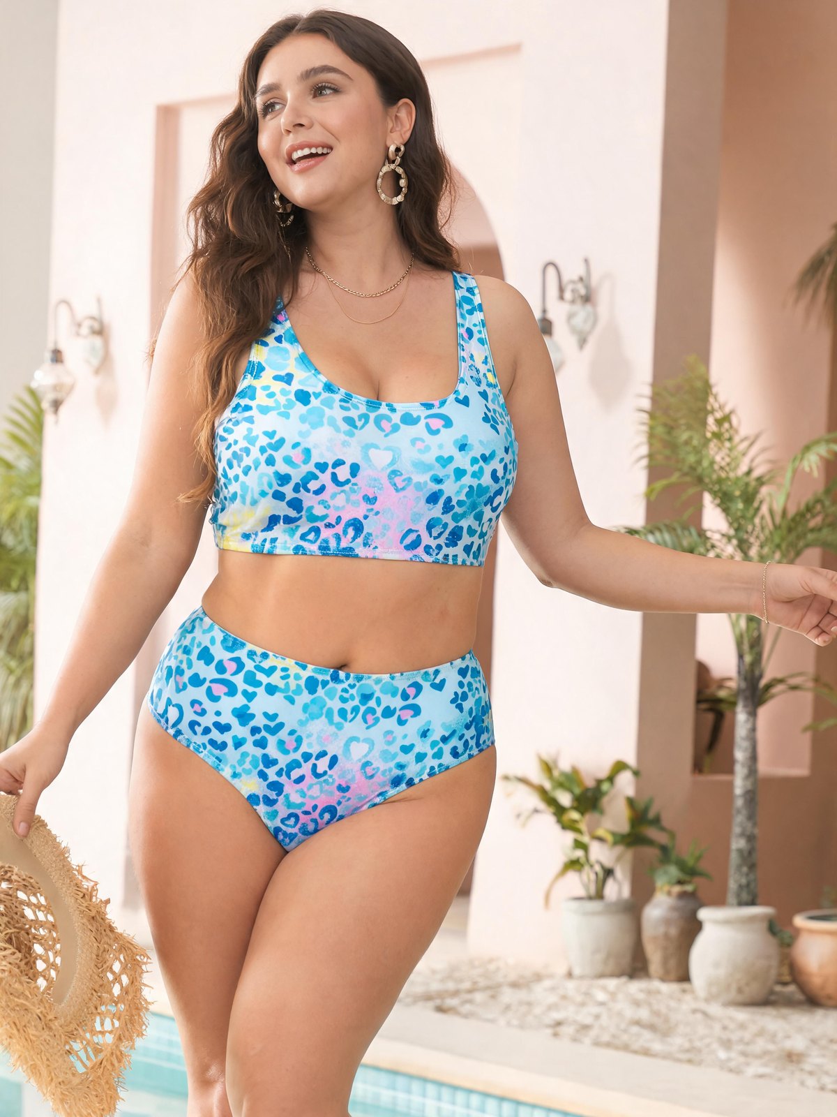 One swim SKU shown on a plus-size AI model for an inclusive listing