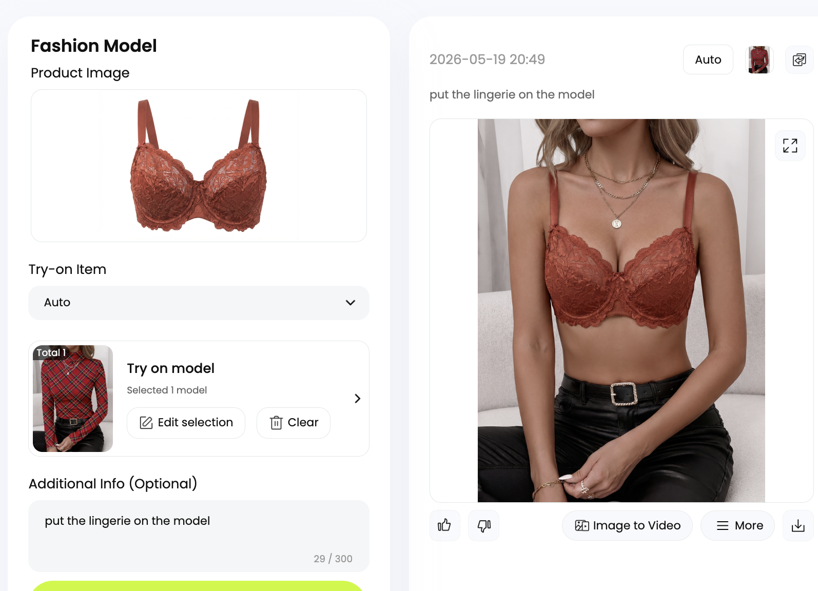 Snappyit Fashion Model workbench placing a bra product on an AI model