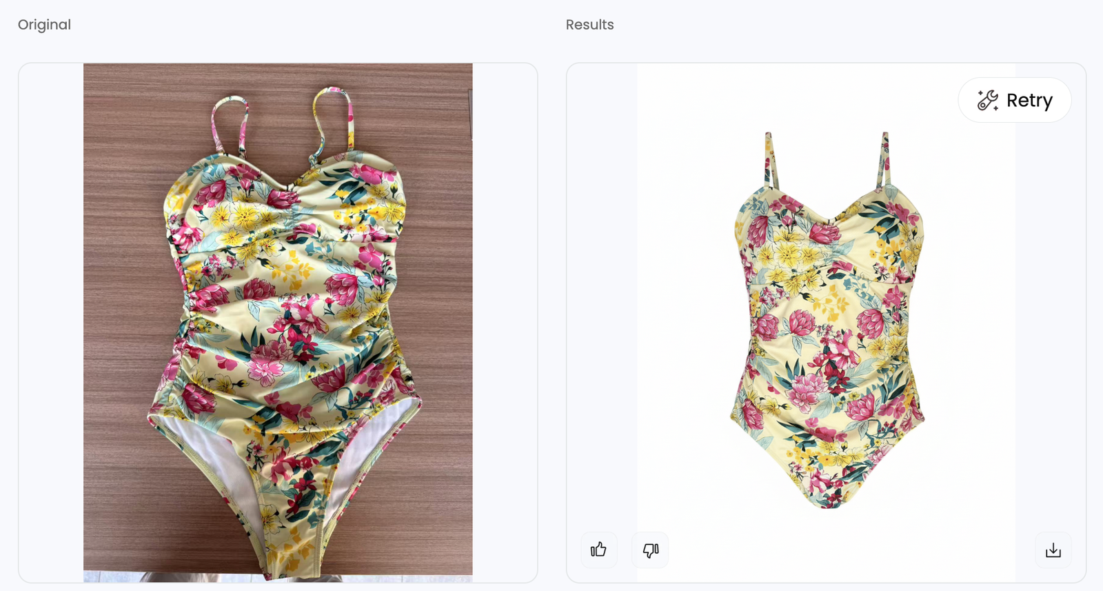 Ghost-mannequin original-versus-result view in the Snappyit workbench