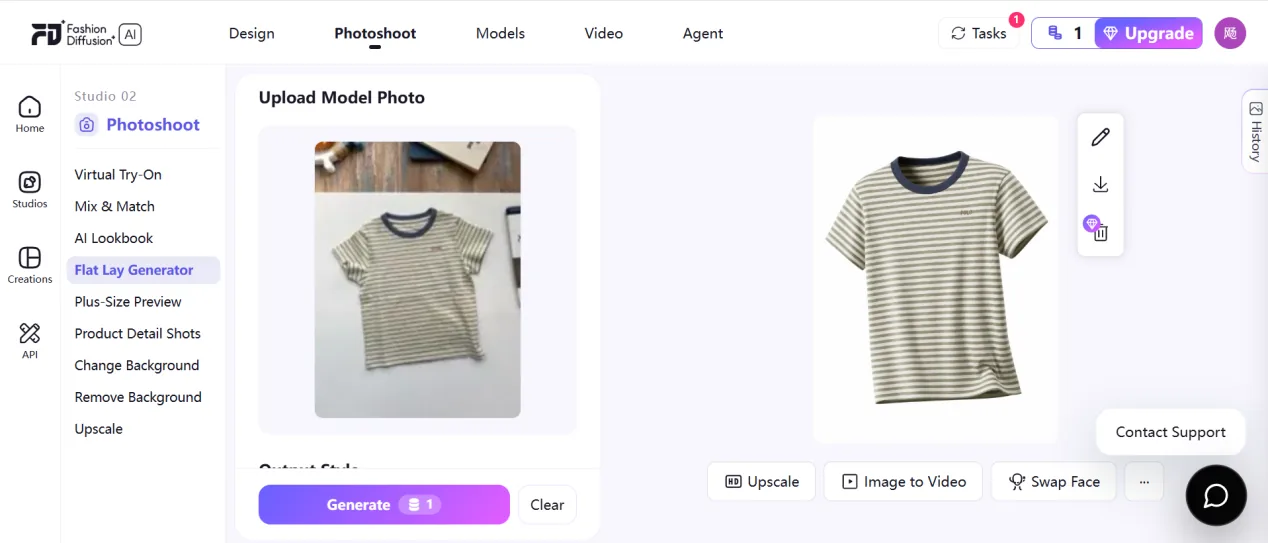 Fashion Diffusion workspace with the original striped T-shirt and generated result