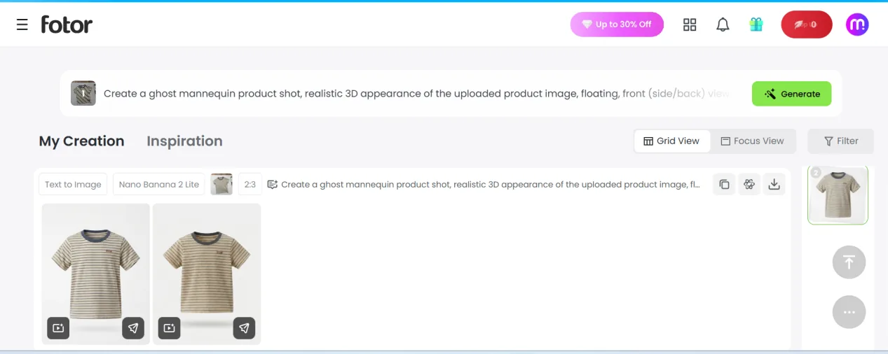 Fotor creation workspace showing two generated striped T-shirt images